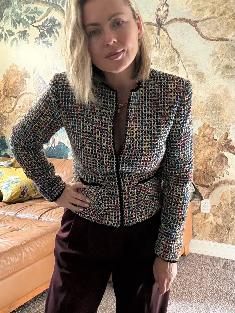 Vintage Anthracite Tweed Jacket Women Size 6 Multicolor Chanel Style Blazer - Picture 7 of 12